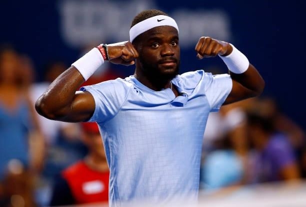 Frances Tiafoe of the United States reacts following his second round match against Denis Shapovalov of Canada on Day Three of the National Bank Open...