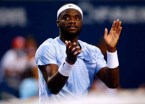 Frances Tiafoe of the United States reacts following his second round match against Denis Shapovalov of Canada on Day Three of the National Bank Open...