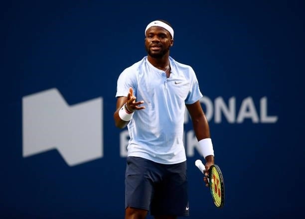 Frances Tiafoe of the United States reacts during his second round match against Denis Shapovalov of Canada on Day Three of the National Bank Open at...