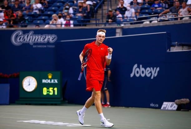 Denis Shapovalov of Canada celebrates a point against Frances Tiafoe of the United States during the second round on Day Three of the National Bank...
