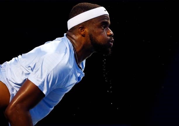 Frances Tiafoe of the United States serves against Denis Shapovalov of Canada during the second round on Day Three of the National Bank Open at Aviva...