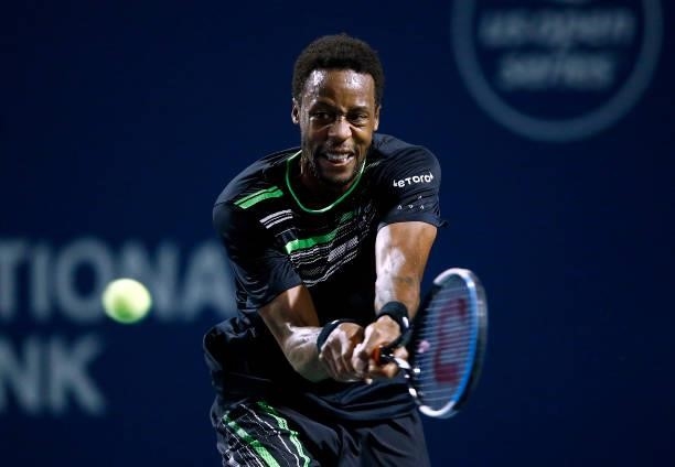 Gael Monfils of France hits a shot against John Millman of Australia during the second round on Day Three of the National Bank Open at Aviva Centre...