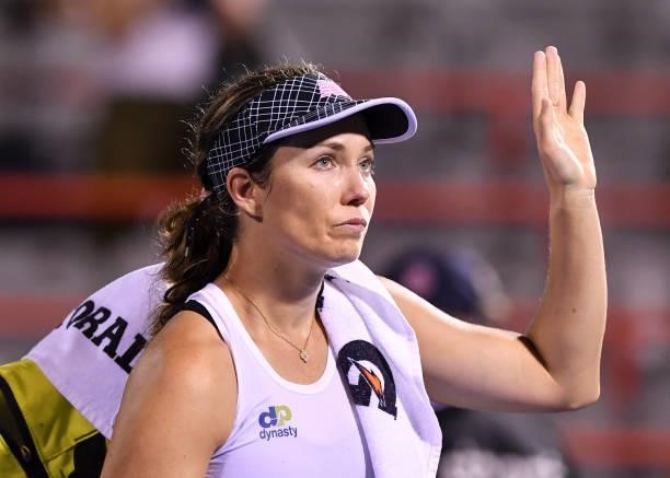 Danielle Collins of the United States walks off the court after her victory against Simona Halep of Romania during her Women's Singles second round...