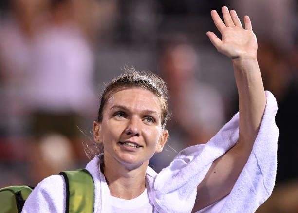 Simona Halep of Romania acknowledges the spectators after her loss to Danielle Collins of the United States during her Women's Singles second round...
