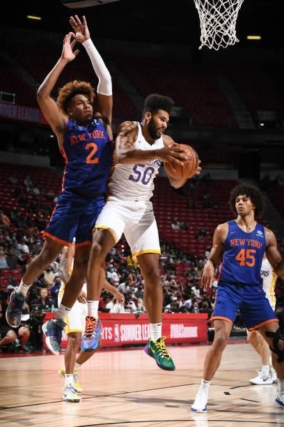 Yoeli Childs of the Los Angeles Lakers rebounds during the game against the New York Knicks during the 2021 Las Vegas Summer League on August 11,...