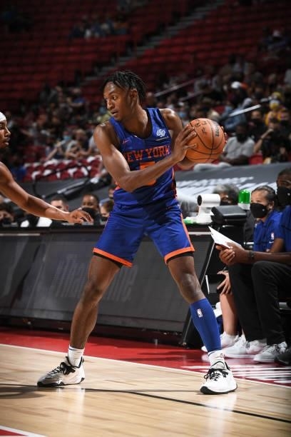 Immanuel Quickley of the New York Knicks dribbles during the game against the Los Angeles Lakers during the 2021 Las Vegas Summer League on August...