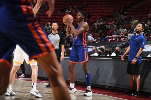Immanuel Quickley of the New York Knicks looks to pass during the game against the Los Angeles Lakers during the 2021 Las Vegas Summer League on...