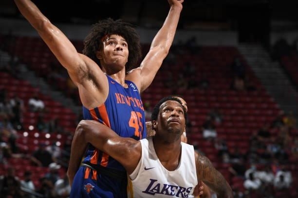 Jericho Sims of the New York Knicks fights for rebound during the game against the Los Angeles Lakers during the 2021 Las Vegas Summer League on...