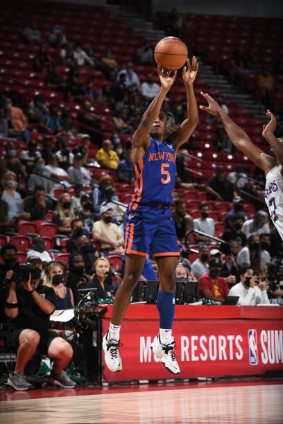 Immanuel Quickley of the New York Knicks shoots the ball during the game against the Los Angeles Lakers during the 2021 Las Vegas Summer League on...
