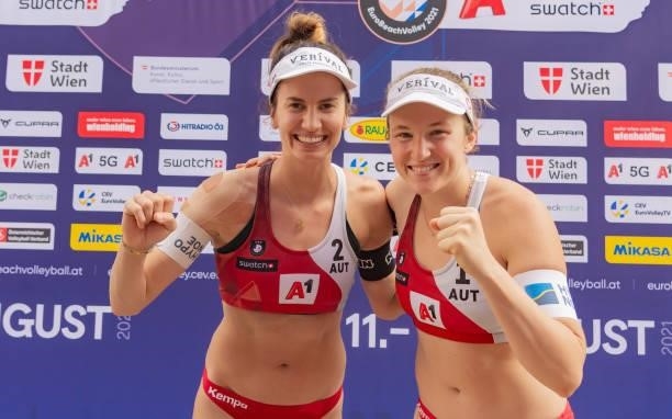 Lena Plesiutschnig and Katharina Schuetzenhoefer of Austria after the win of the match of the round of 24 match against Panagiota Karagkouni and...