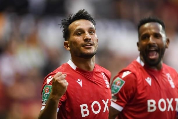 Joao Carvalho of Nottingham Forest celebrates after scoring a goal to make it 2-0 during the Carabao Cup match between Nottingham Forest and Bradford...