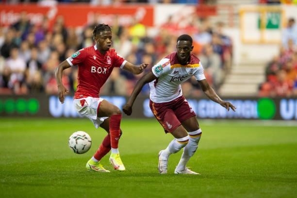 Abo Eisa of Bradford City and Tyrese Forhah of Nottingham Forest in action during the Carabao Cup match between Nottingham Forest and Bradford City...