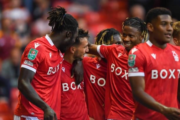 The Reds celebrate after Joao Carvalho of Nottingham Forest scored his second goal to make it 2-0 during the Carabao Cup match between Nottingham...