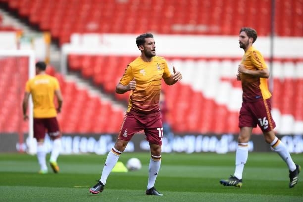 Gareth Evans of Bradford City warms up ahead of kick-off during the Carabao Cup match between Nottingham Forest and Bradford City at the City Ground,...