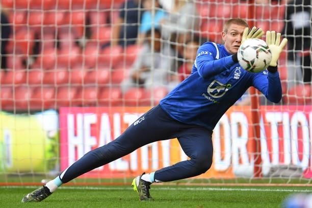 Nottingham Forest goalkeeper Ethan Horvath warms up ahead of kick-off during the Carabao Cup match between Nottingham Forest and Bradford City at the...