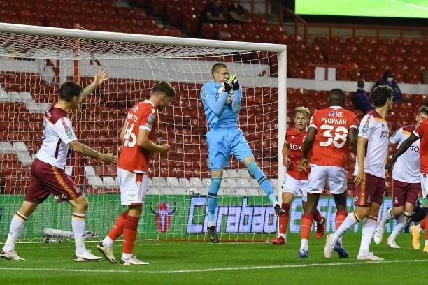 Nottingham Forest goalkeeper Ethan Horvath makes a save during the Carabao Cup match between Nottingham Forest and Bradford City at the City Ground,...