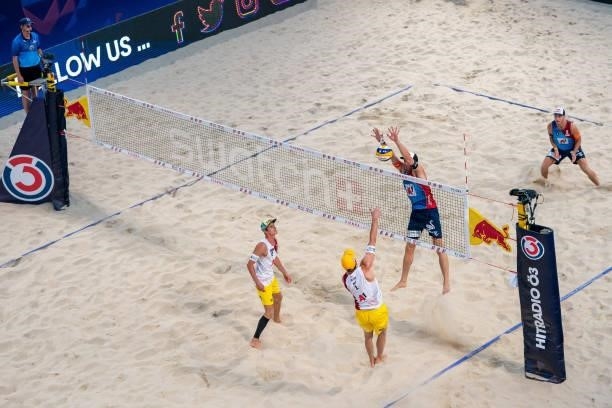 Anders Berntsen Mol of Norway tries to block the ball during the pool match between Christian Sandlie Sorum and Anders Berntsen Mol of Norway and...