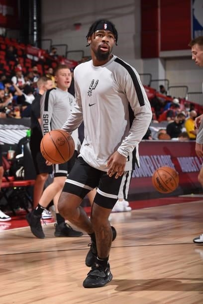 Malik Newman of the San Antonio Spurs warms up prior to the game against the Charlotte Hornets during the 2021 Las Vegas Summer League on August 12,...