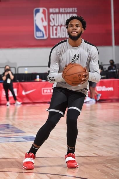Jahlil Tripp of the San Antonio Spurs warms up prior to the game against the Charlotte Hornets during the 2021 Las Vegas Summer League on August 12,...