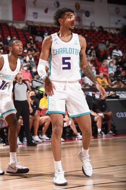 James Bouknight of Charlotte Hornets looks on during the 2021 Las Vegas Summer League on August 12, 2021 at the Cox Pavilion in Las Vegas, Nevada....