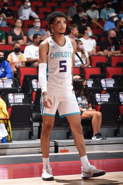 James Bouknight of Charlotte Hornets warms up prior to the game against the San Antonio Spurs during the 2021 Las Vegas Summer League on August 12,...