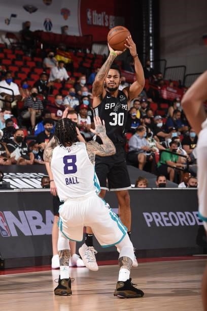 Jaylen Morris of the San Antonio Spurs shoots the ball against the Charlotte Hornets during the 2021 Las Vegas Summer League on August 12, 2021 at...