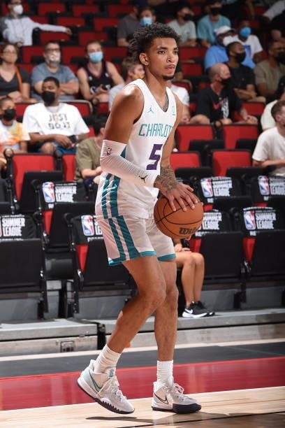 James Bouknight of Charlotte Hornets warms up prior to the game against the San Antonio Spurs during the 2021 Las Vegas Summer League on August 12,...