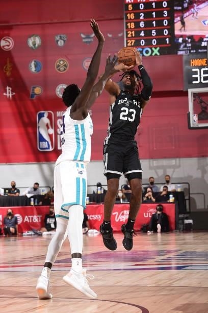 Malik Newman of the San Antonio Spurs shoots the ball against the Charlotte Hornets during the 2021 Las Vegas Summer League on August 12, 2021 at the...