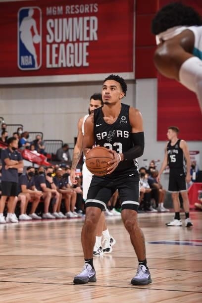 Tre Jones of the San Antonio Spurs shoots a free throw against the Charlotte Hornets during the 2021 Las Vegas Summer League on August 12, 2021 at...