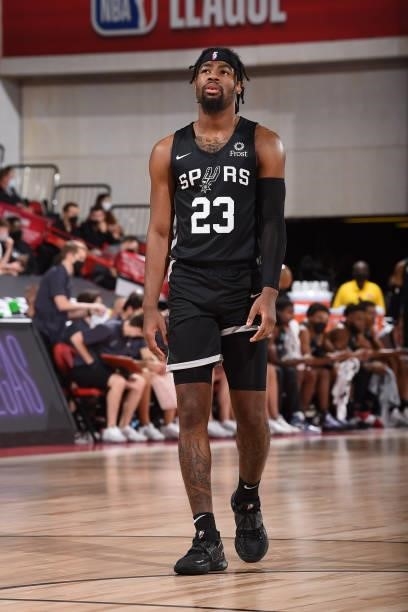 Malik Newman of the San Antonio Spurs looks on during the 2021 Las Vegas Summer League on August 12, 2021 at the Cox Pavilion in Las Vegas, Nevada....