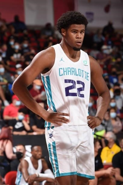 Vernon Carey Jr. #22 of the Charlotte Hornets looks on during the 2021 Las Vegas Summer League on August 12, 2021 at the Cox Pavilion in Las Vegas,...
