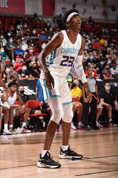 Kai Jones of the Charlotte Hornets looks on during the 2021 Las Vegas Summer League on August 12, 2021 at the Cox Pavilion in Las Vegas, Nevada. NOTE...