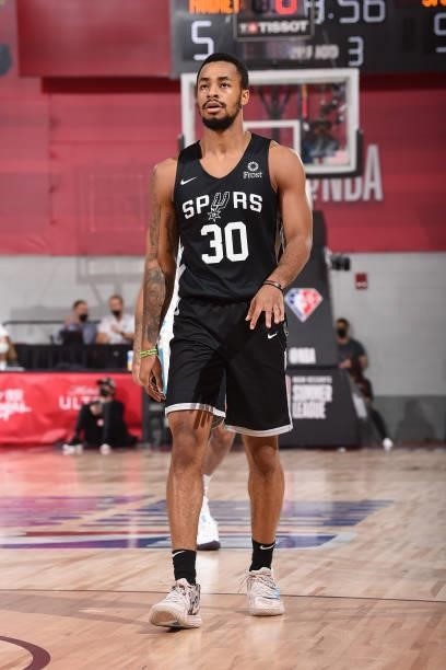 Jaylen Morris of the San Antonio Spurs looks on during the 2021 Las Vegas Summer League on August 12, 2021 at the Cox Pavilion in Las Vegas, Nevada....
