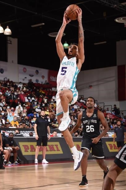 James Bouknight of Charlotte Hornets drives to the basket against the San Antonio Spurs during the 2021 Las Vegas Summer League on August 12, 2021 at...