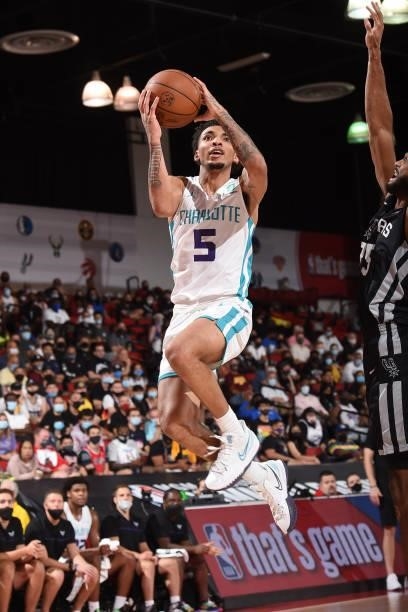 James Bouknight of Charlotte Hornets drives to the basket against the San Antonio Spurs during the 2021 Las Vegas Summer League on August 12, 2021 at...