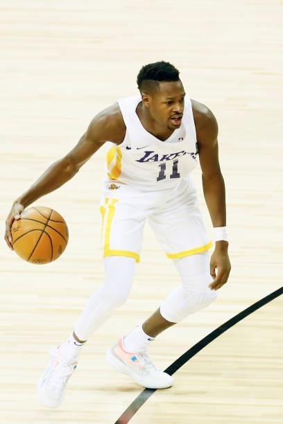 Joel Ayayi of the Los Angeles Lakers dribbles the ball against the New York Knicks during the 2021 Las Vegas Summer League on August 11, 2021 at the...