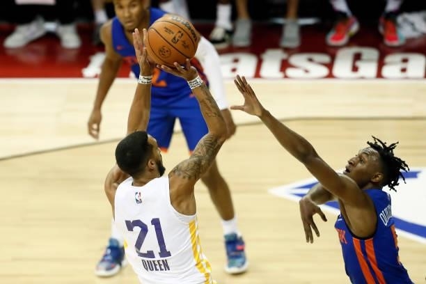 Trevelin Queen of the Los Angeles Lakers shoots the ball against the New York Knicks during the 2021 Las Vegas Summer League on August 11, 2021 at...