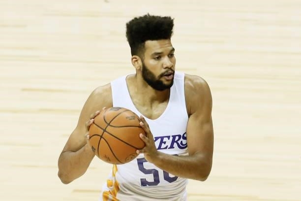 Yoeli Childs of the Los Angeles Lakers looks to pass the ball against the New York Knicks during the 2021 Las Vegas Summer League on August 11, 2021...