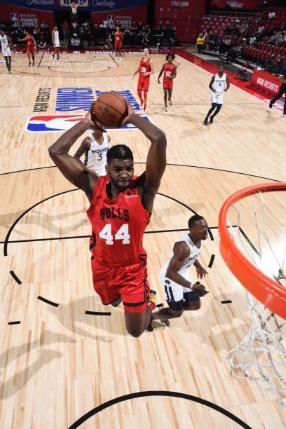 Patrick Williams of the Chicago Bulls dunks the ball against the Minnesota Timberwolves during the 2021 Las Vegas Summer League on August 12, 2021 at...