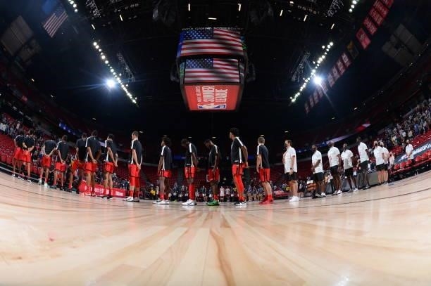 The Chicago Bulls stand for the National Anthem before the game against the Minnesota Timberwolves during the 2021 Las Vegas Summer League on August...