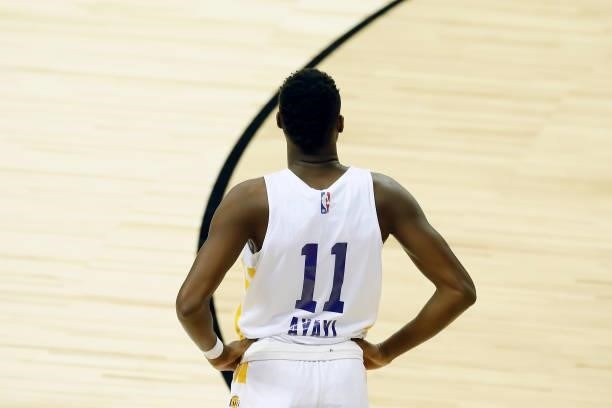 Joel Ayayi of the Los Angeles Lakers looks on against the New York Knicks during the 2021 Las Vegas Summer League on August 11, 2021 at the Thomas &...