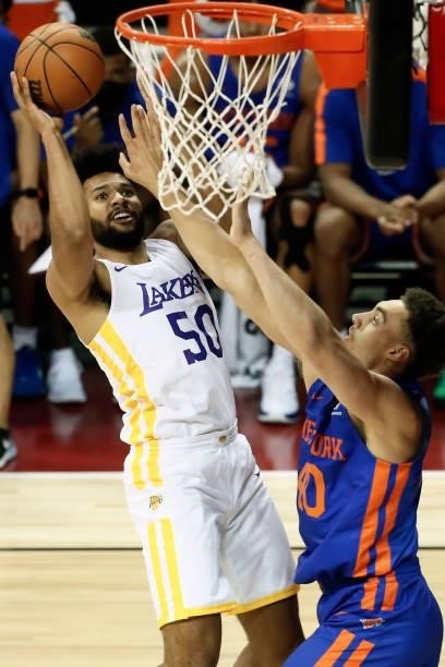 Yoeli Childs of the Los Angeles Lakers drives to the basket against the New York Knicks during the 2021 Las Vegas Summer League on August 11, 2021 at...