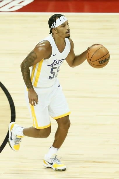 Justin Robinson of the Los Angeles Lakers dribbles the ball against the New York Knicks during the 2021 Las Vegas Summer League on August 11, 2021 at...