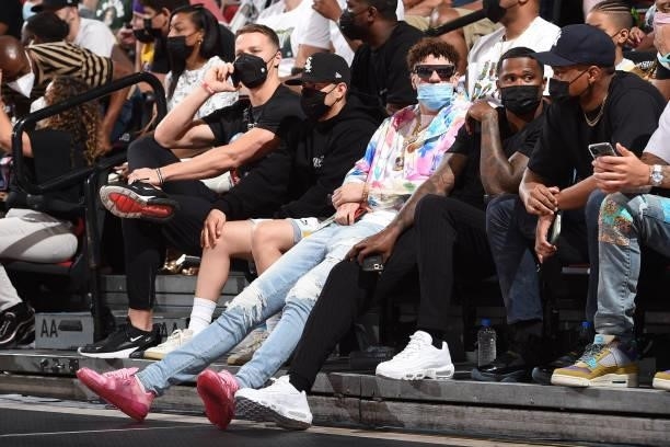 LaMelo Ball of the Charlotte Hornets attends the game between the San Antonio Spurs and the Charlotte Hornets during the 2021 Las Vegas Summer League...