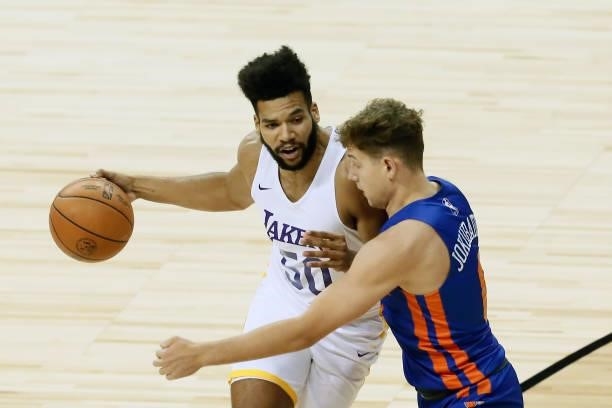Yoeli Childs of the Los Angeles Lakers dribbles the ball against the New York Knicks during the 2021 Las Vegas Summer League on August 11, 2021 at...
