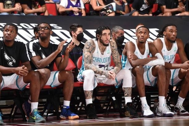 LiAngelo Ball of Charlotte Hornets looks on during the 2021 Las Vegas Summer League on August 12, 2021 at the Cox Pavilion in Las Vegas, Nevada. NOTE...