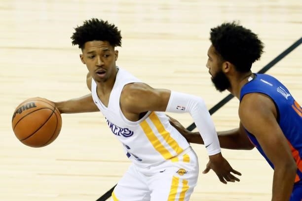 Jordan Floyd of the Los Angeles Lakers looks to pass the ball against the New York Knicks during the 2021 Las Vegas Summer League on August 11, 2021...