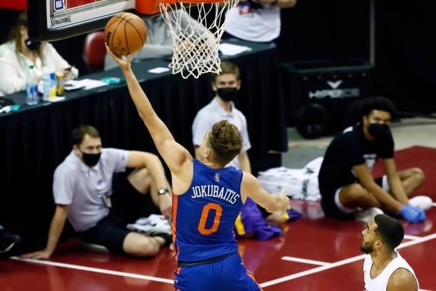 Rokas Jokubaitis of the New York Knicks drives to the basket against the Los Angeles Lakers during the 2021 Las Vegas Summer League on August 11,...
