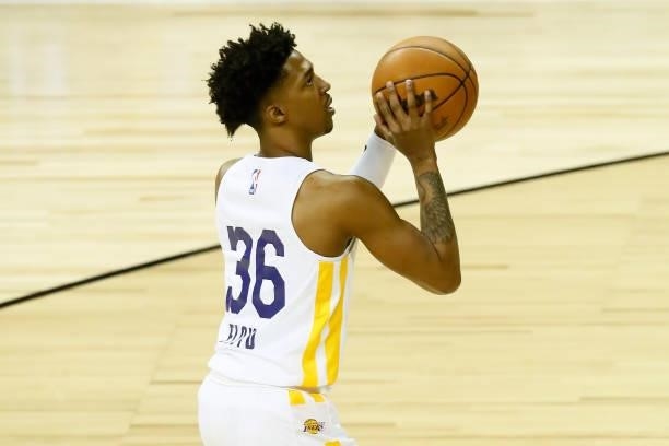 Jordan Floyd of the Los Angeles Lakers shoots a free throw against the New York Knicks during the 2021 Las Vegas Summer League on August 11, 2021 at...
