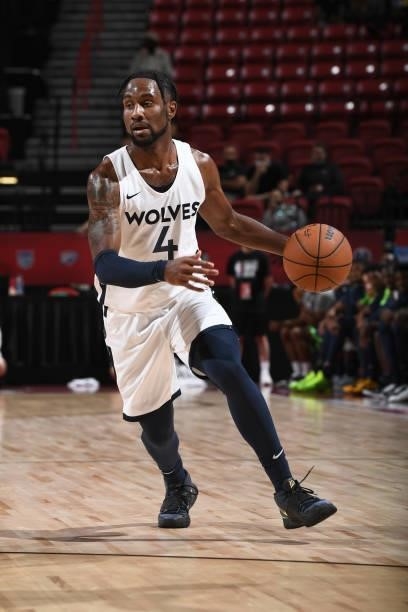 Jaylen Nowell of the Minnesota Timberwolves handles the ball against the Chicago Bulls during the 2021 Las Vegas Summer League on August 12, 2021 at...